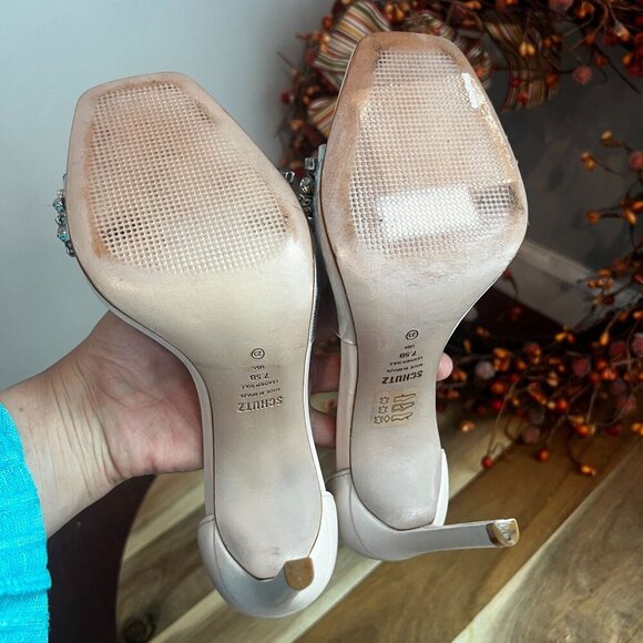 Schutz Vinyl Crystal-Embellished Stiletto Heel Sandal Sz 7.5B Mild Rose Ankle - Picture 12 of 14